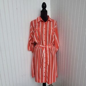 Millenium Shirt Dress Women Button Up Pockets Short Sleeve Striped Coral Pink 1X